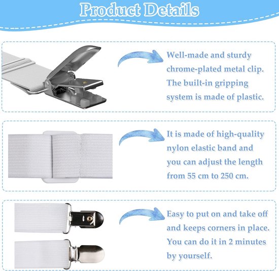 O-Kinee Verstelbare bedlakenspanners, 8 stuks, verstelbare bedlakenspanners, lakenspanners, met metalen clips, matrasspanners voor laken, matras, strijkplank of bank