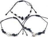 Armbandjes - set van 3 - zwart - verstelbaar - accessoire - vrouwen - parels - steentjes