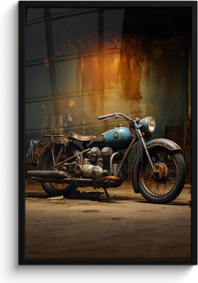 FrameYourWall Poster in lijst - Fotolijst 60x90 cm - Posters - Vintage - Motor - Blauw - Oud - Garage - Posterlijst zwart - Decoratie - Wanddecoratie woonkamer - Muurdecoratie slaapkamer