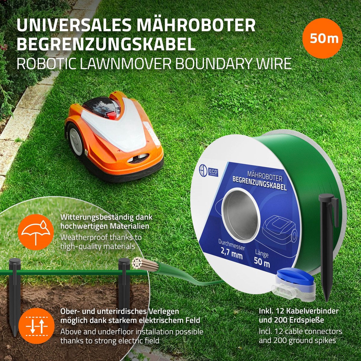 Afbeelding 2 van Universele 50m grensdraad voor robotmaaier + 200 haringen