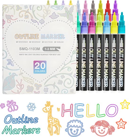 Glitterstiften Outline Markers - 20 Stuks Kleuren - Superkronkel Stiften - Magische Glitterpennen - Metallic Toverstiften - Kinderen & Volwassenen