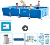 Intex Rechthoekig Frame Zwembad - 450 x 220 x 84 cm - Blauw - Inclusief Pomp Afdekzeil - Onderhoudspakket - Filters - Vloertegels