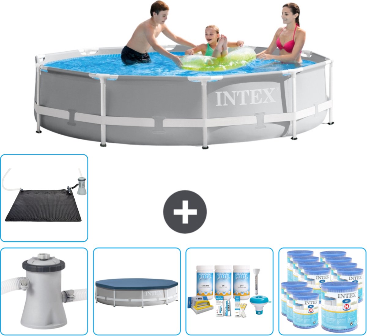 Intex Rond Prism Frame Zwembad – 305 x 76 cm – Grijs – Inclusief Pomp Afdekzeil – Onderhoudspakket – Filters – Solar Mat Intex Rond Prism Frame Zwembad – 305 x 76 cm – Grijs – Inclusief Pomp Afdekzeil – Onderhoudspakket – Filters – Solar Mat