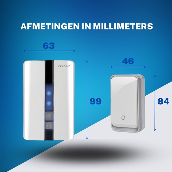 Afmetingen van de Bell4U deurbelontvanger (99x63mm) en de beldrukker (84x46mm).