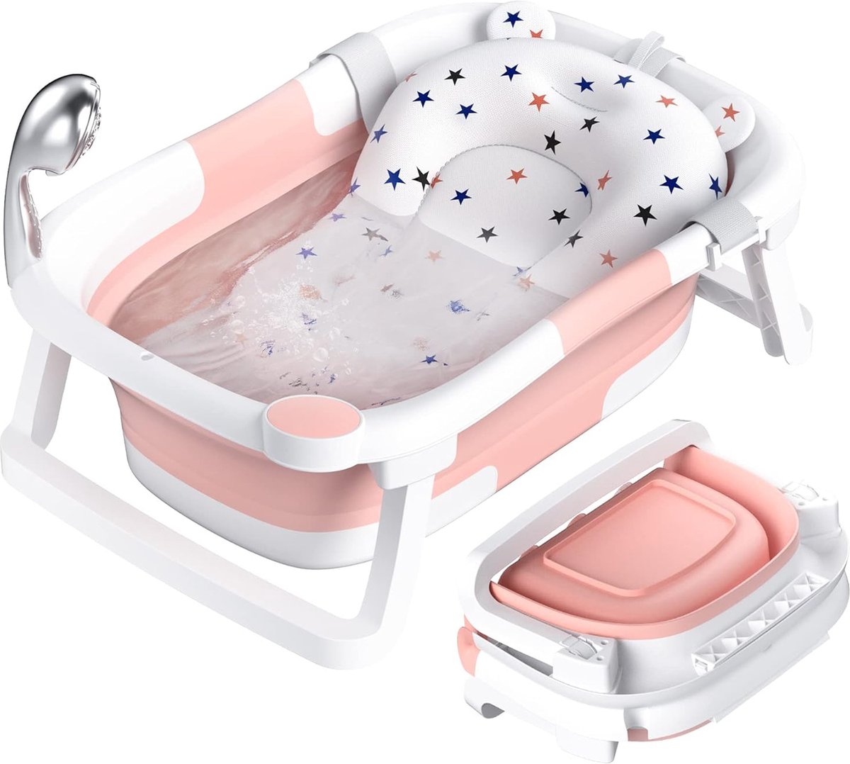 Goedkoopste opvouwbaar babybadje, essentieel babybadaccessoire, draagbaar bad voor pasgeboren tot peuter met antislipmat en afvoergat. (geen thermometer) (roze babybadmatje