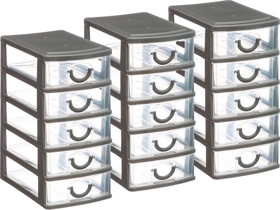 Foto: 5five ladeblokje bureau organizer 3x lades grijs transparant l12 x b15 x h25 cm kunststof