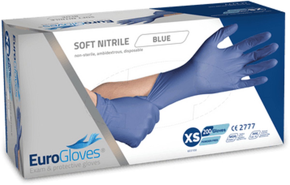 Goedkoopste Eurogloves handschoenen - soft nitrile - blauw - X-Small - poedervrij- 10 x 200 stuks voordeelverpakking