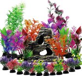 Pakket van 25 aquariumplanten decoratie, aquariumaccessoires, kleurrijke kunstplanten met harsgrot aquariumornamenten decoratie
