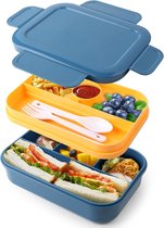 Boîte à lunch Bento Box pour adultes, empilable, 2000 ml, avec 8 compartiments, récipients à lunch étanches, récipient à sauce intégré, ustensiles de cuisine, passe au micro-ondes, au lave-vaisselle et au congélateur, bleu