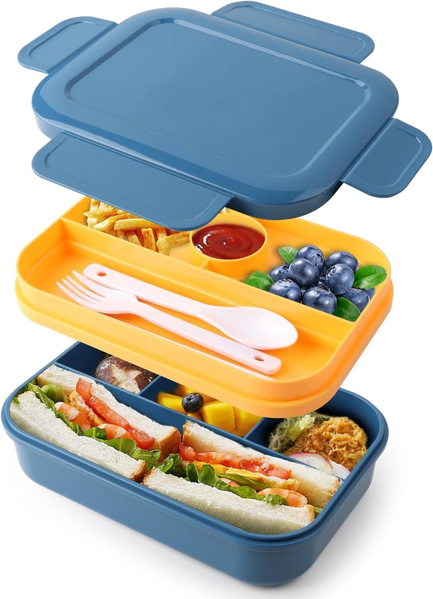 Bento Box lunchbox voor volwassenen, stapelbaar, 2000 ml, met 8 vakken, lekvrije lunchcontainers, ingebouwd sauscontainer, keukengerei, magnetron, vaatwasser- en vriezerbestendig, blauw