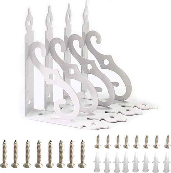 Set de 4 supports d'étagère, ensemble de supports d'étagère, supports d'étagère en fonte, protection contre la rouille, support mural robuste, pour montage mural, jardin, décoration DIY (blanc)