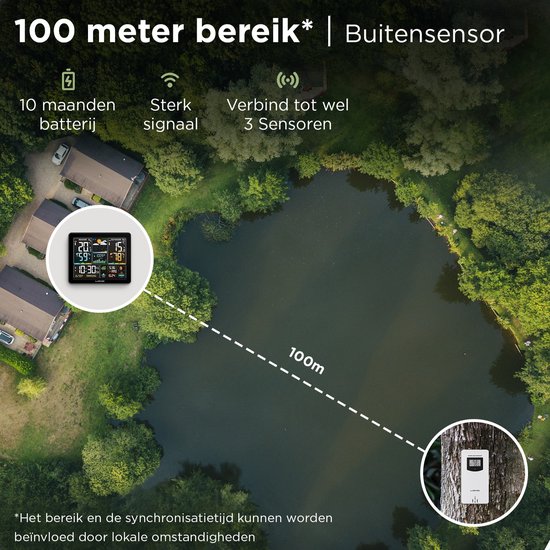 LONQ Weerstation Binnen en Buiten - 18 Functies - Draadloos Weerstation met Buitensensor - Thermometer Hygrometer - Kleurendisplay - DCF Gestuurde Klok