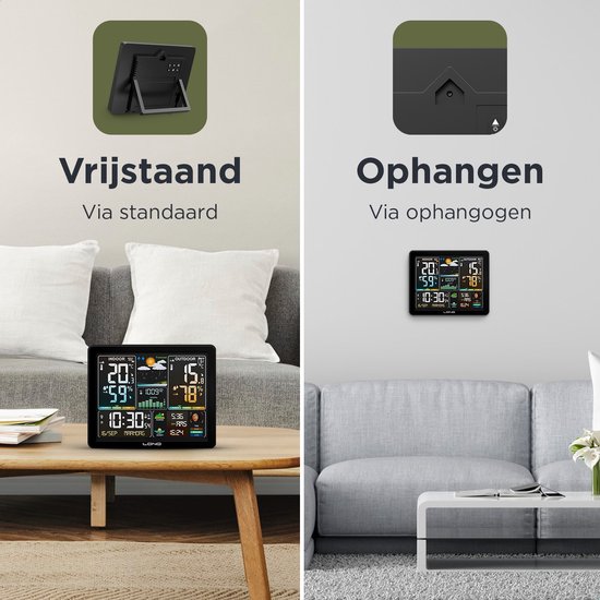LONQ Weerstation Binnen en Buiten - 18 Functies - Draadloos Weerstation met Buitensensor - Thermometer Hygrometer - Kleurendisplay - DCF Gestuurde Klok