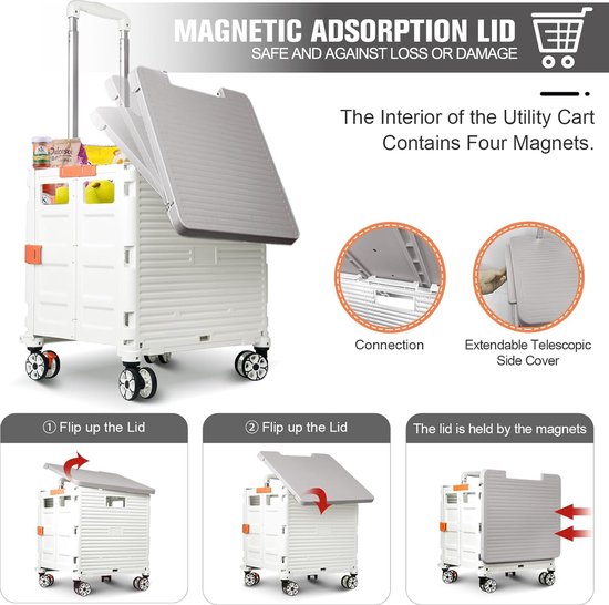 Foto: Opvouwbare winkelwagen plastic trolley op wielen uitschuifbaar magnetisch tafelblad met schuifbare hoes zware belasting van 55 kg draagbaar voor kamperen vissen ambachtelijk werk en opslag wit