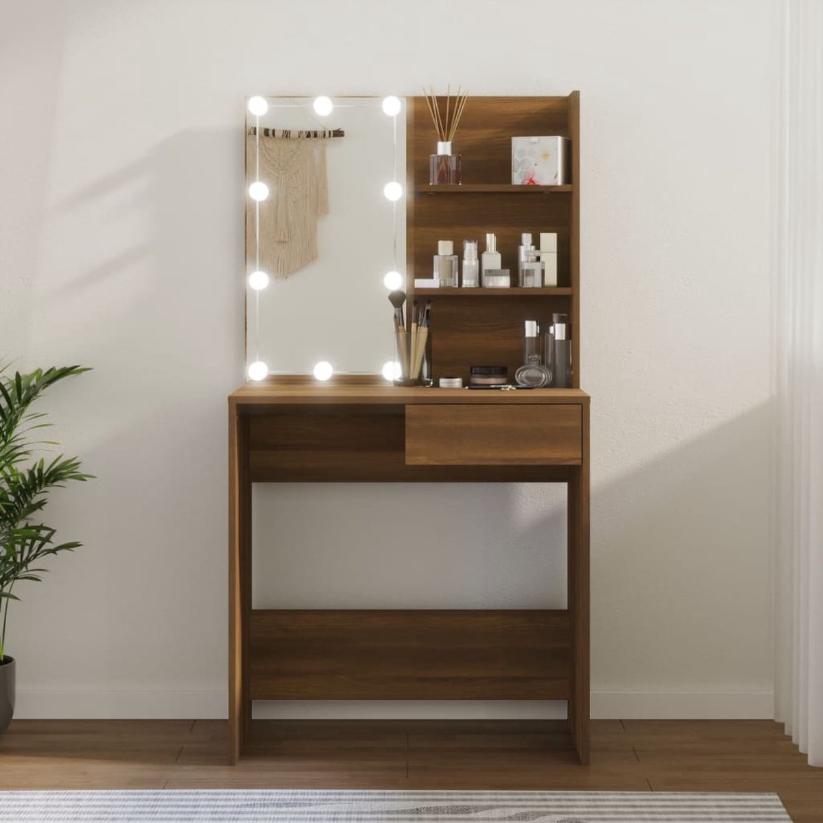 Kaptafel met spiegel en verlichting - Make up tafel - Make up - Toilettafel -Met lades - 74,5 x 40 x 141 cm - Bruineiken