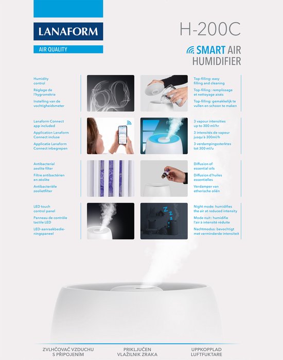 LANAFORM - H-200C - Humidificateur D'air - Humidificateur D'air Connecté - Top Fill. Plusieurs Modes. 3 Intensités - Silencieux - 2L LANAFORM - H-200C - Humidificateur D'air - Humidificateur D'air Connecté - Top Fill. Plusieurs Modes. 3 Intensités - Silencieux - 2L