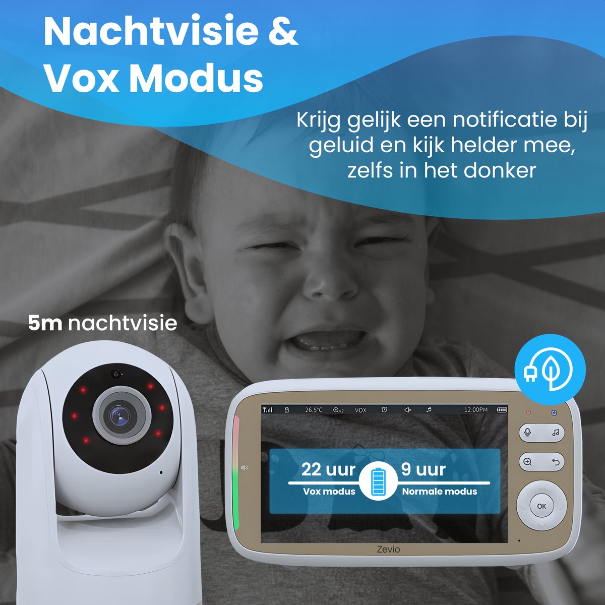 Afbeelding 2 van Zevio Babyfoon met Camera - Baby Monitor - 5 Inch HD Scherm - Op afstand bestuurbaar - Bestverkocht