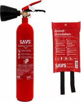 SAVS® Brandblus box - CO2 blusser - Brandblusser CO2 2 kg & Blusdeken 100x100cm - Blusrating 34B - Met montagebeugel & ophangoog - CO2 blusser en Branddeken voor o.a. thuis en bedrijf