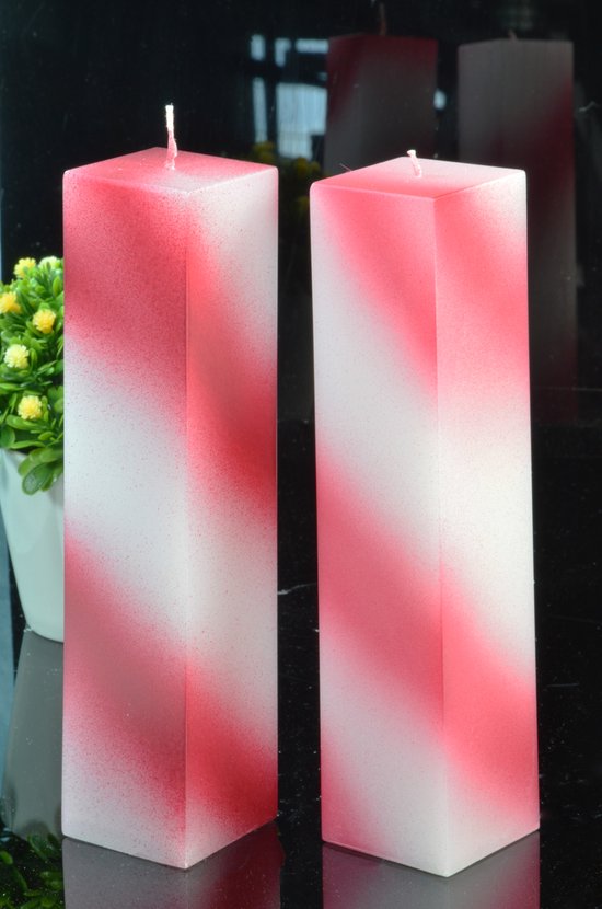 Candles by Milanne, Kwadrant Kaars Lang 22 cm, set van 2 stuks rood met wit metallic