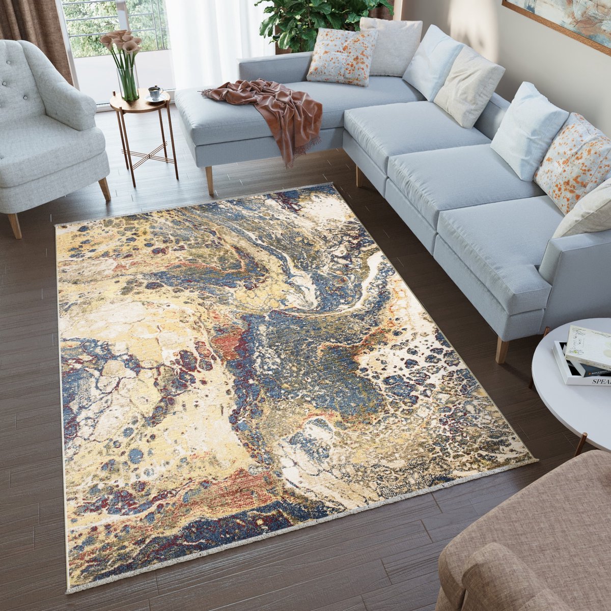 Tapiso Rivoli Vloerkleed Slaapkamer Binnenkleed Tapijt Blauw Beige