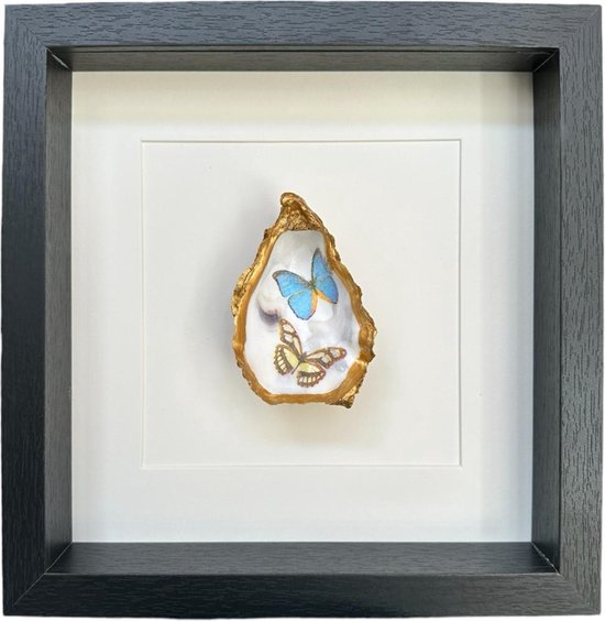 Mijn Pronkstuk - Gouden oester met vlinder 2x - ingelijst - 25x25 cm - wit achtergrond - Fotolijst - Goud
