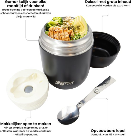 Itslife Thermocontainer voor eten, 350 ml, kinderen, lekvrije lunchcontainer met gespafdekking, brede hals, isolatie, geschikt voor koud en warm eten, zwart-UFO