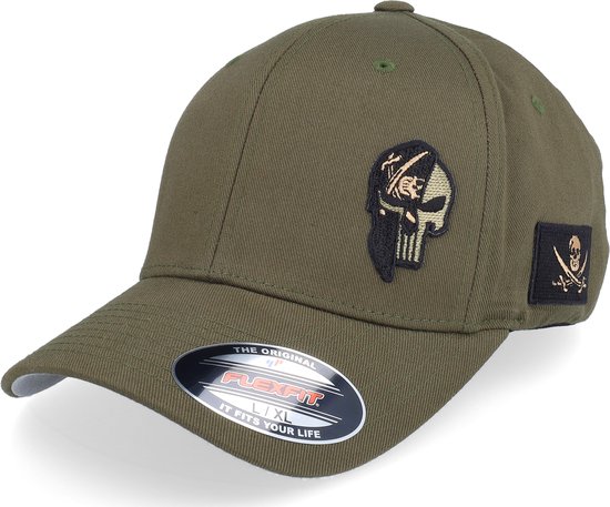 Hatstore- Pirate Army Skull Olive Wooly Combed Flexfit - Army Head Cap