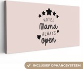 Canvas schilderij 40x20 cm - Wanddecoratie Quotes - Hotel mama always open - Spreuken - Mama - Muurdecoratie woonkamer - Slaapkamer decoratie - Kamer accessoires - Schilderijen - Moederdag cadeautje - Cadeau voor moeder - Tekstbord