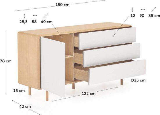 Kave Home - Anielle massief essen & essenfineer dressoir met 1 deur en 3 lades, 150 x 78 cm
