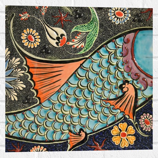 WallClassics - Muursticker - Mozaiek in Verschillende Kleuren in Vorm van Vis - 50x50 cm Foto op Muursticker