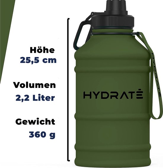 HYDRATE Bouteille d'eau en acier inoxydable de 2,2 litre - Gourde Sport  sans BPA – Gourde eau en avec sangle de transport pratique en nylon et  Bouchon à vis, Gourde Metal pour