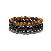 Bixorp Gems Tijgeroog + Onyx + Hematiet Edelstenen Armbanden Set - Edelsteen Kralenarmband