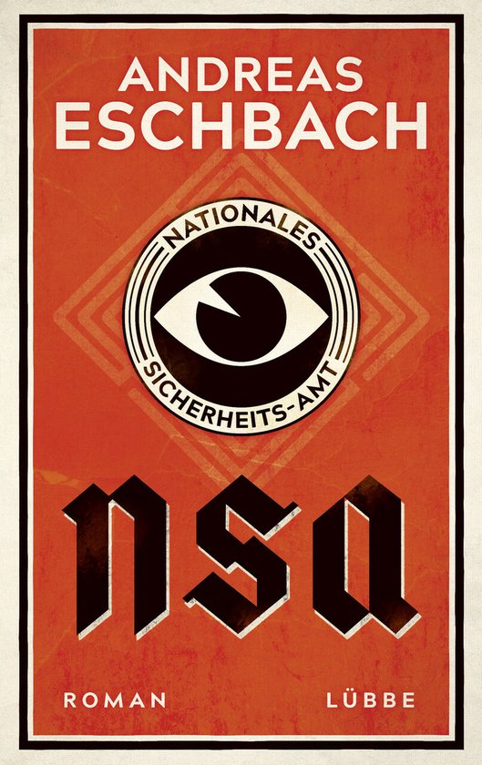 Boekomslag 'NSA - Nationales Sicherheits-Amt' met een oog-logo en rode achtergrond.