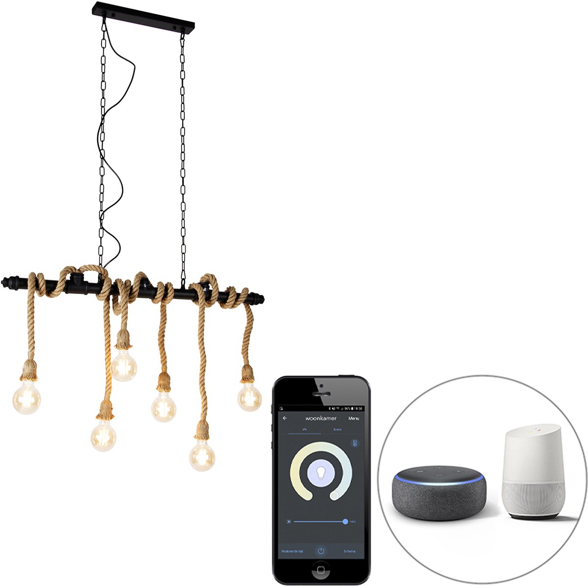 QAZQA plural hl - Industriele LED Smart Hanglamp incl. wifi voor boven de eettafel | in eetkamer - 6 lichts - L 102 cm - Zwart - Industrieel - Woonkamer | Slaapkamer | Keuken Zwart Smart LED