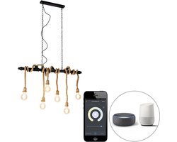 QAZQA plural hl - Industriele LED Smart Hanglamp incl. wifi voor boven de eettafel | in eetkamer - 6 lichts - L 102 cm - Zwart - Industrieel - Woonkamer | Slaapkamer | Keuken