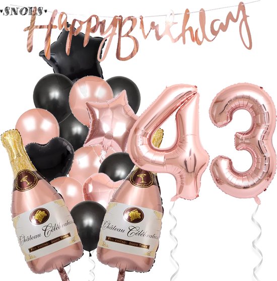 43 Jaar Verjaardag Cijferballon 43 - Feestpakket Snoes Ballonnen Pop The Bottles - Rose Zwart Versiering