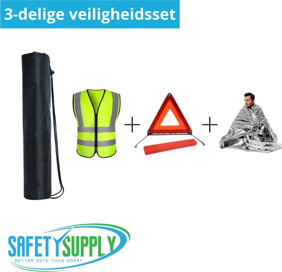 Safetysupply™ - 3-delige veiligheidsset - Veilig onderweg - Pakket - Geel hesje - Veiligheidsdriehoek - Isolatiedeken - Auto - Veiligheidshesje - Nooddeken - Gevarendriehoek