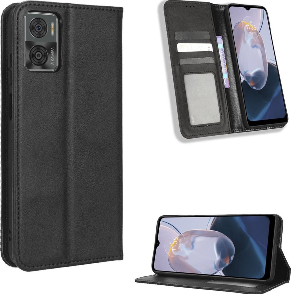 Mobigear Telefoonhoesje geschikt voor Motorola Moto E22i Hoesje | Mobigear Sensation Bookcase Portemonnee | Pasjeshouder voor 3 Pasjes | Telefoonhoesje voor Pinpas / OV Kaart / Rijbewijs - Zwart