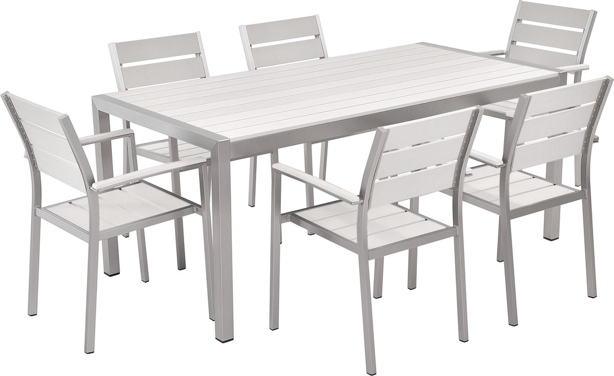Moderne witte tuinset voor 6 personen met kunsthouten afwerking.