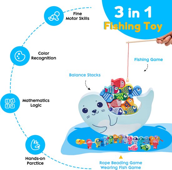 Thumbnail van een extra afbeelding van het spel Magnetisch Vissen Houten Speelgoed - Houten Balanceren Stapelspel - Montessori 3-in-1 Speelgoed - Visspel Vangen Met - Fishing Game - Fijn Motorisch Vaardigheidsspeelgoed - Geweldig Cadeau Voor Jongens En Meisjes