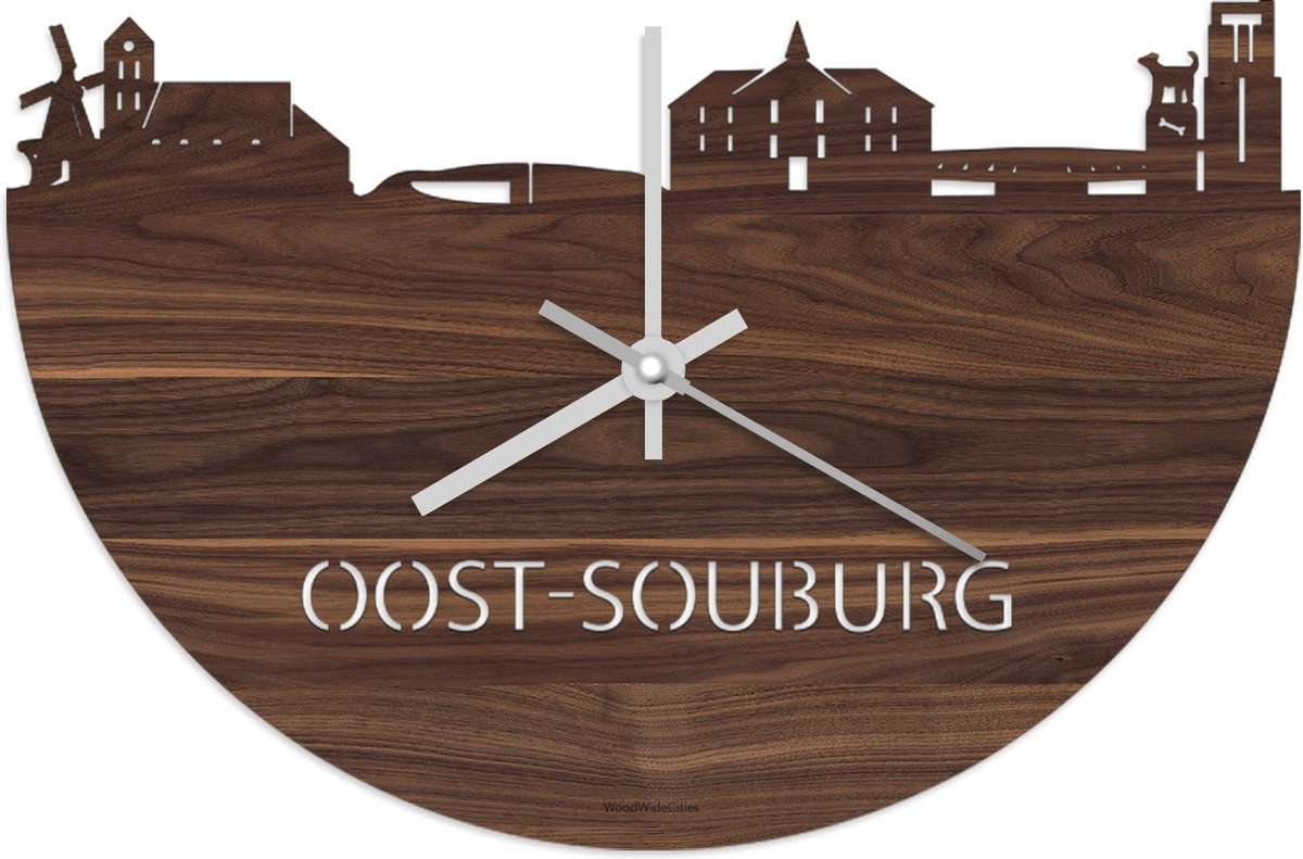 Skyline Klok Oost-Souburg Notenhout - Ø 40 cm - Stil uurwerk - Wanddecoratie - Meer steden beschikbaar - Woonkamer idee - Woondecoratie - City Art - Steden kunst - Cadeau voor hem - Cadeau voor haar - Jubileum - Trouwerij - Housewarming -