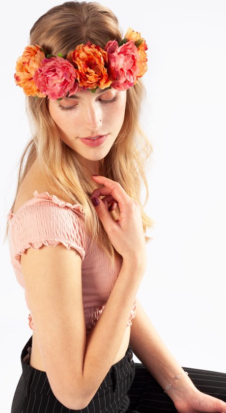 KIMU bloemenkrans haar pioenrozen oranje roze bloemen haarband diadeem |  bol.com