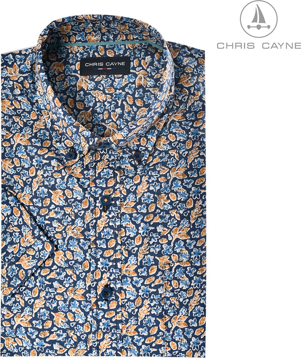 Chris Cayne heren overhemd - M - donkerblauw/oker - korte mouwen - geprint overhemd - borstzak