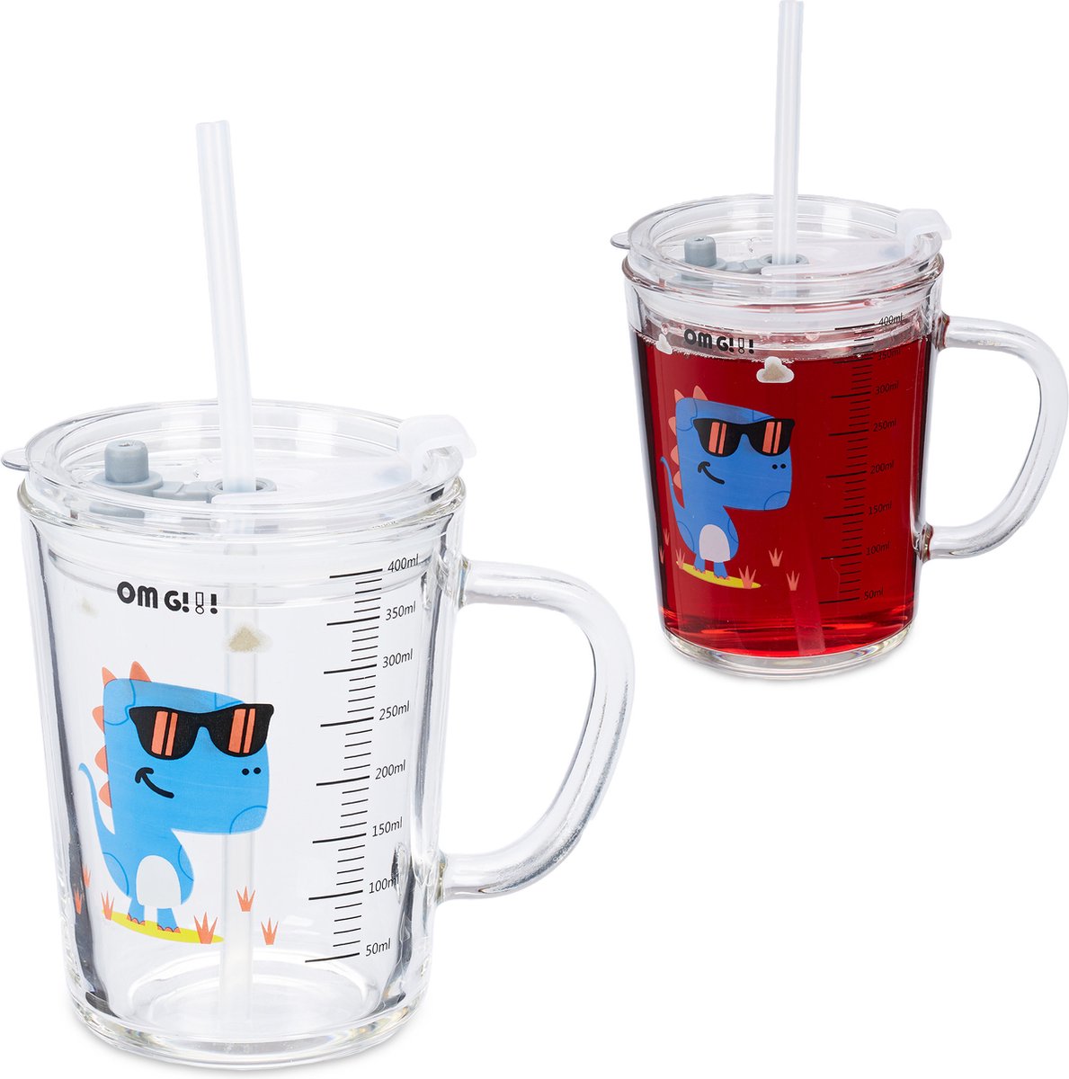 drinkglazen met rietje - set van 2 - 400 ml - dinosaurus - limonadeglazen kinderen