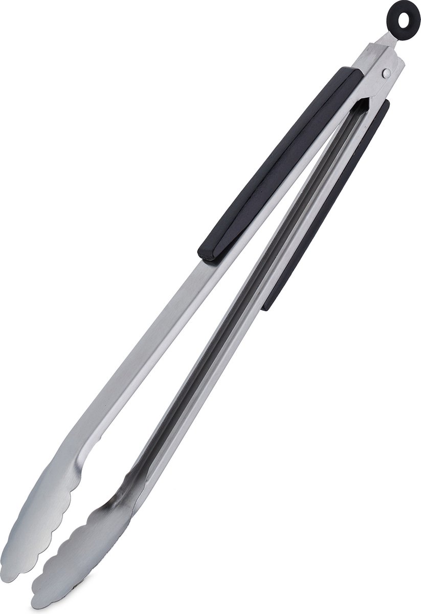 barbecuetang rvs - houten handgreep - bbq - 38 cm - met ophangoogje