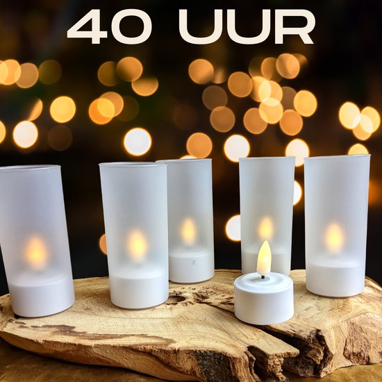 12 LED kaarsen - 40 branduren LED theelichtjes & LED waxinekaarsjes met bewegende vlam - Oplaadbare & flikkerende LED kaarsjes met USB