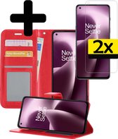 Hoesje Geschikt voor OnePlus Nord 2T Hoesje Book Case Hoes Wallet Cover Met 2x Screenprotector - Hoes Geschikt voor OnePlus Nord 2T Hoesje Bookcase Hoes - Rood