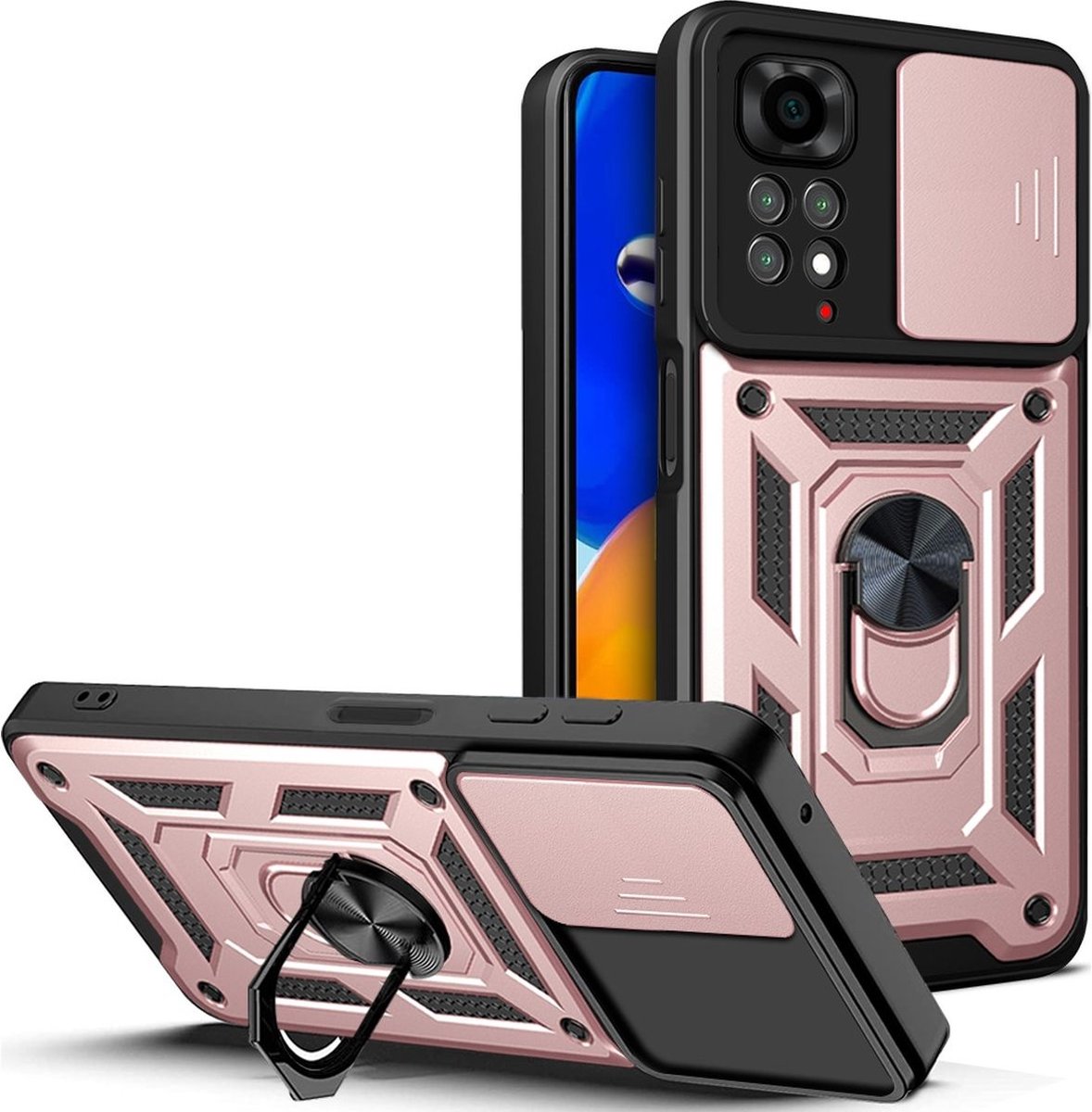 Mobigear Hoesje geschikt voor Xiaomi Redmi Note 11S 4G Telefoonhoesje Hardcase | Mobigear Armor Ring Cam Slide Backcover Shockproof met Ringhouder en Camera Slider | Schokbestendig Redmi Note 11S 4G Telefoonhoesje | Anti Shock Proof - Roségoud