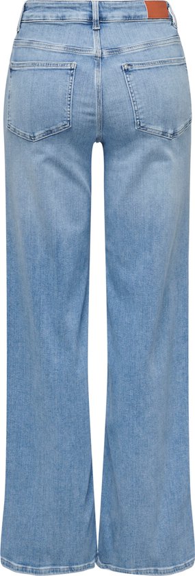 Achterkant van lichtblauwe wijde jeans met hoge taille.