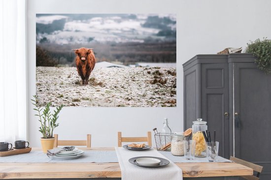 Un veau des Highlands écossais se dirige vers l'appareil photo Poster 180x120 cm - Tirage photo sur Poster (décoration murale salon / chambre) / Poster Animaux sauvages XXL / Groot format!